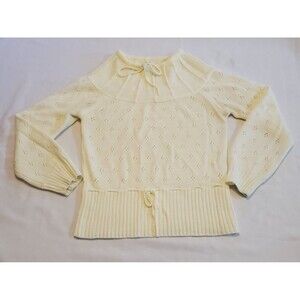 Vintage Riddle Womens Sz Small Tie Neck Sweater Cream Loose Acrylic Knit 50s